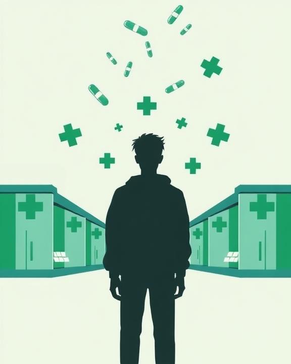 Silhouette of a person with medicine floating around their head, and medical buildings in the background.