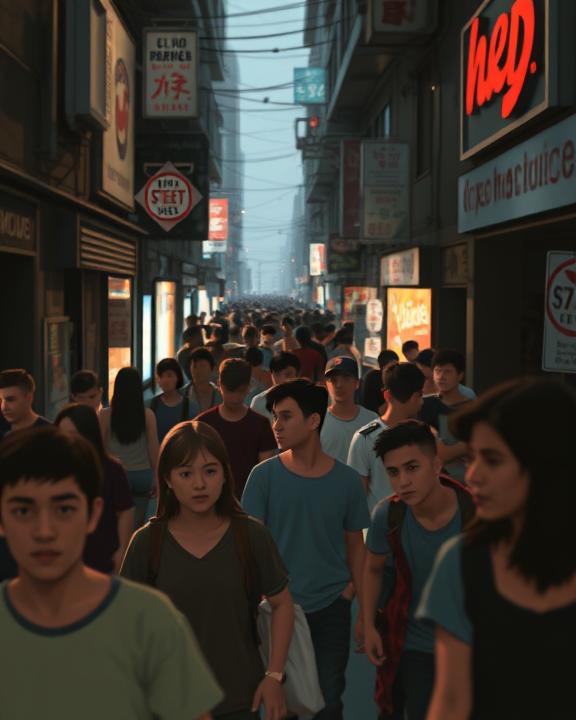 A crowded street scene with many people walking.