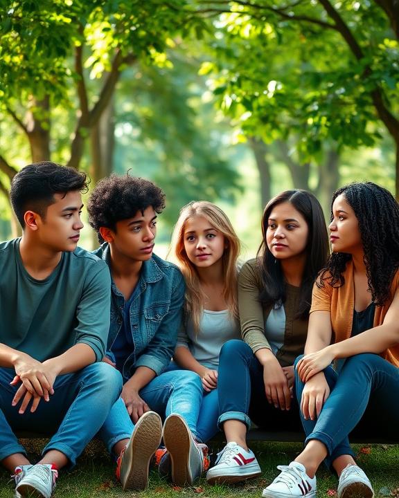 A group of diverse teenagers sitting outdoors in nature, looking relaxed and happy.