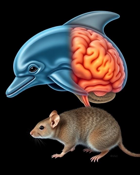 A scientific depiction of a dolphin's brain contrasted with a rodent's brain. Show the differences in neurogenesis areas related to olfactory senses in mammals, illustrating the evolutionary changes over millions of years.