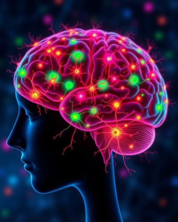 An artistic representation of neuronal cells in a human brain, focusing on immature neurons. Show these 'young' neurons integrated into various brain circuits, with a vibrant color palette to highlight their potential for neurogenesis and brain plasticity.