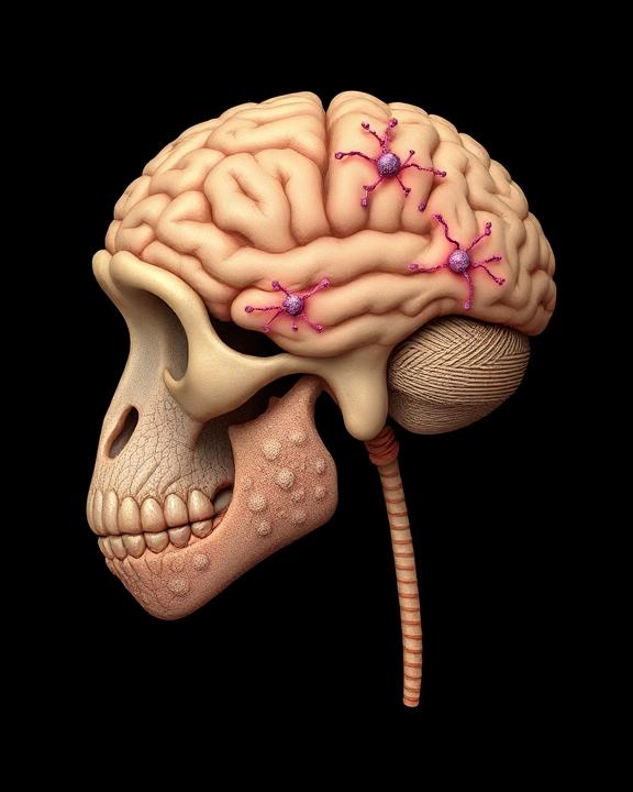 An anatomical illustration depicting the brain of a primate, highlighting the amygdala region with significant amounts of immature neurons.