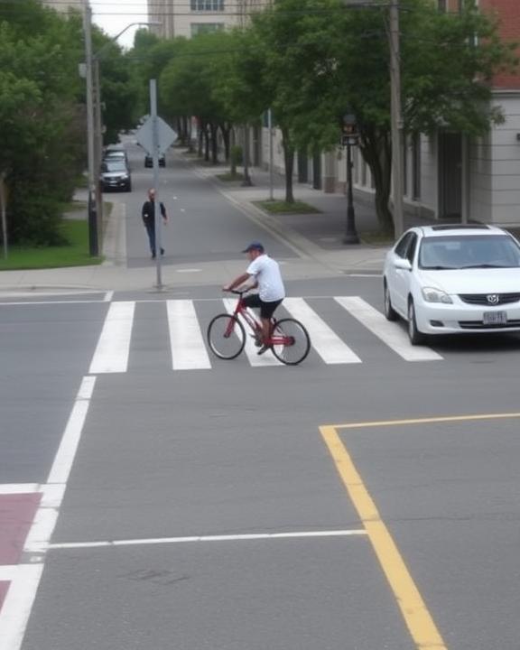 A scene depicting a street intersection with a cyclist on a crosswalk and a car approaching, illustrating the complexity of urban environments and road safety concerns.