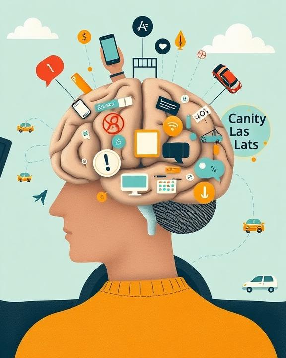 An artistic interpretation of cognitive load in driving, depicting a driver's brain filled with various symbols representing distractions like smartphones.