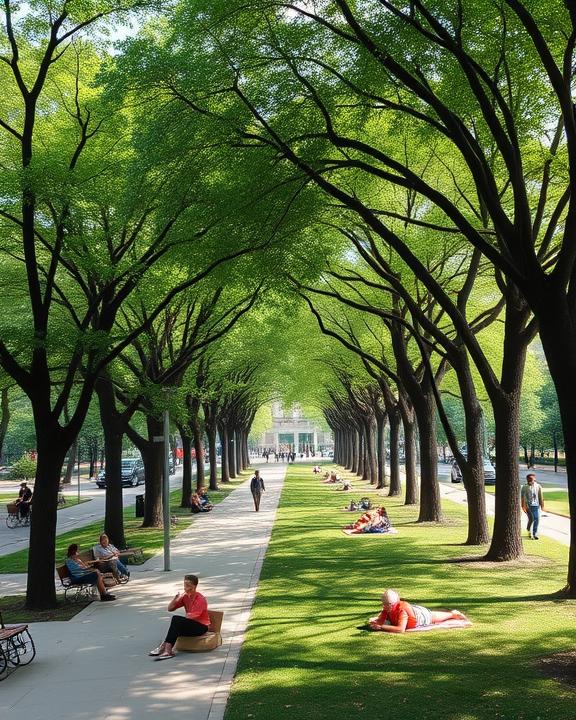 A serene urban park with green trees and pathways, contrasting with busy city life, where people are relaxing and enjoying nature.