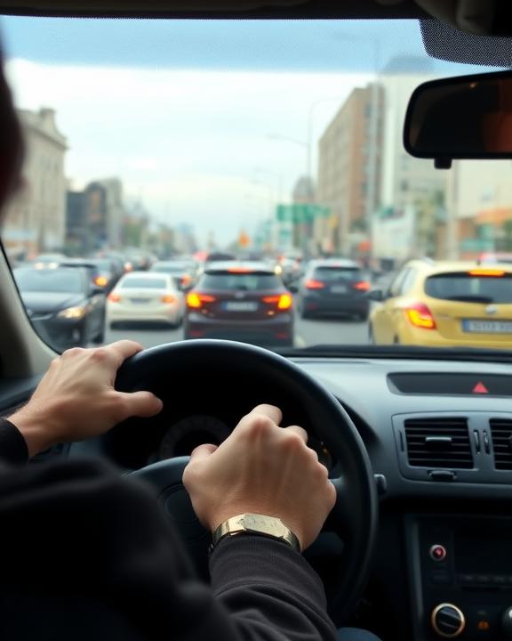 A close-up of a car interior, showing a driver looking stressed, gripping the steering wheel tightly, with a chaotic city traffic view in the background.