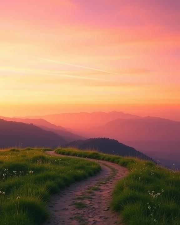 A winding path on a grassy hill with mountains in the background, under an orange and purple sky.