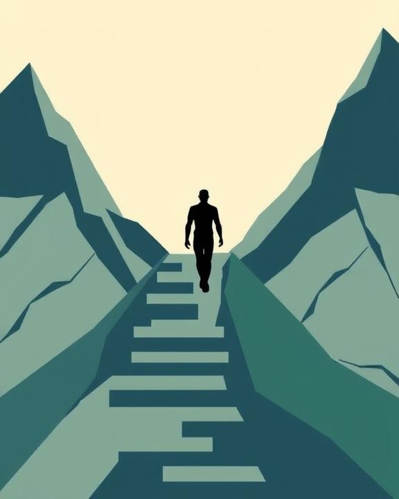 Silhouette of a person walking up a winding path between mountains.