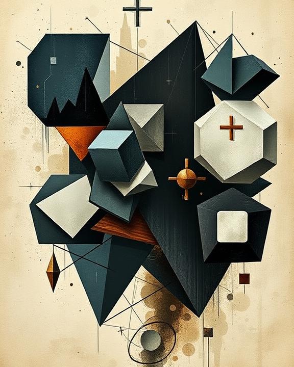 Artistic representation of emotional distress, featuring geometric shapes that symbolize anxiety, depression, post-traumatic disorder, eating disorders, self-harm behaviors, and suicidal ideation.