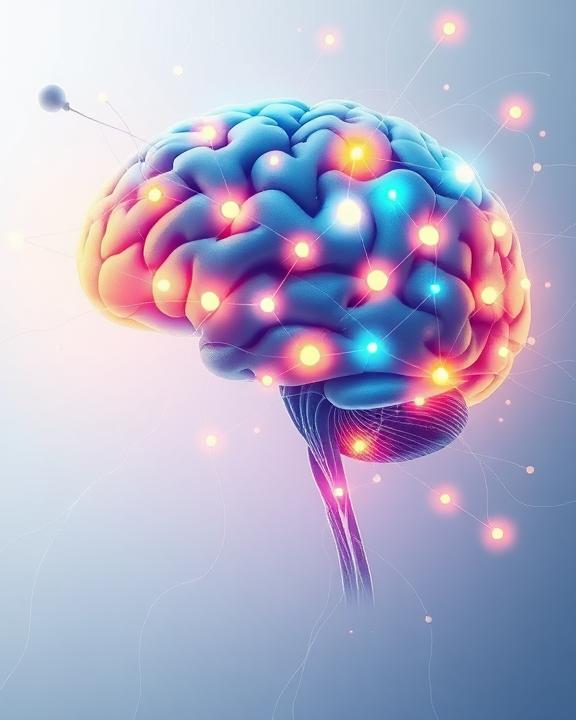 Immagine di un cervello umano stilizzato con connessioni neuronali luminose.