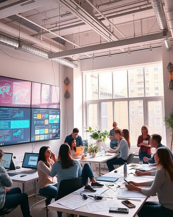 Immagine di un ufficio moderno con diverse persone che collaborano, un grande schermo a parete mostra grafici e dati.