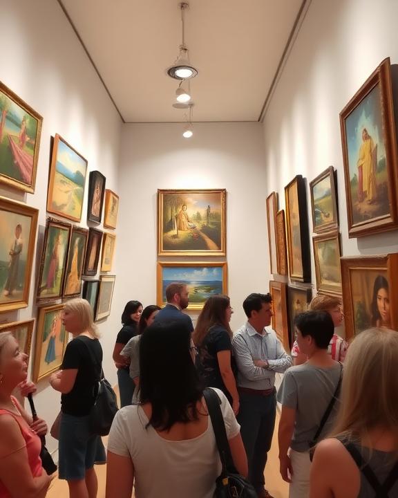 Immagine di persone in una galleria d’arte, che osservano attentamente i quadri appesi alle pareti. L’illuminazione interna è soffusa e i soggetti sono concentrati sulle opere d’arte.