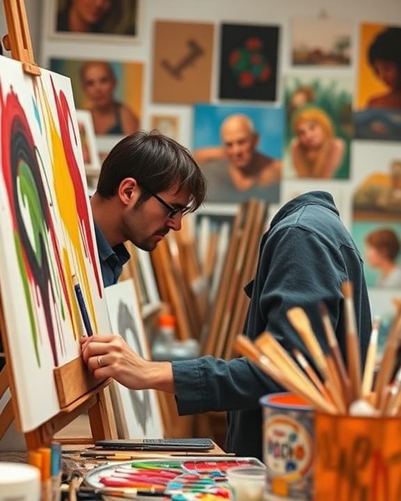 Immagine di un uomo intento a dipingere su una tela bianca con schizzi di colore. Alle sue spalle, una parete espositiva con vari quadri e ritratti, alcuni sfocati, a indicare un ambiente artistico e creativo.