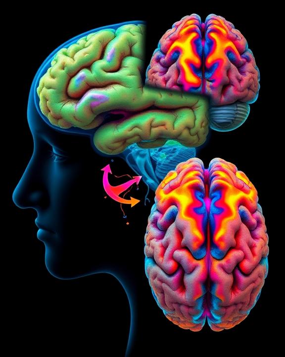Immagine che mostra il cervello umano in due diverse rappresentazioni: una laterale con contorni chiari e un'area luminosa anteriore, e una dall'alto con colori vivaci che indicano attività neuronale. Sono presenti anche frecce che simboleggiano percorsi di informazione.