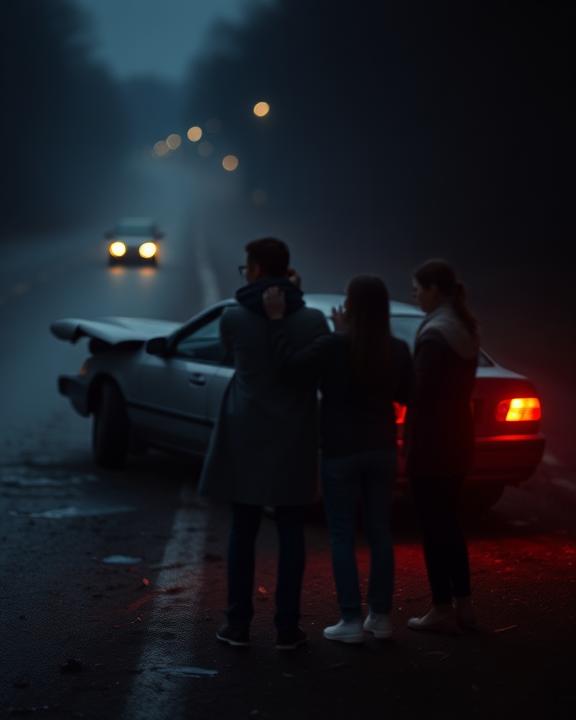 A poignant scene depicting the emotional aftermath of a car accident, showing a somber atmosphere with a damaged car and people in despair.