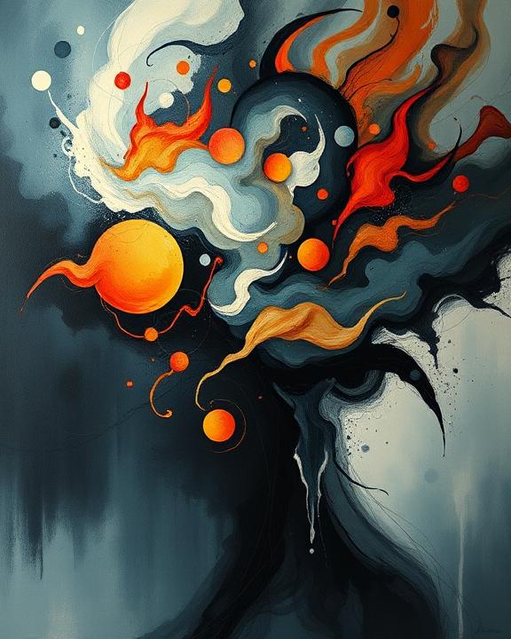 An abstract representation of psychological trauma with swirling colors and shapes, symbolizing emotional turmoil and the process of coping with loss.
