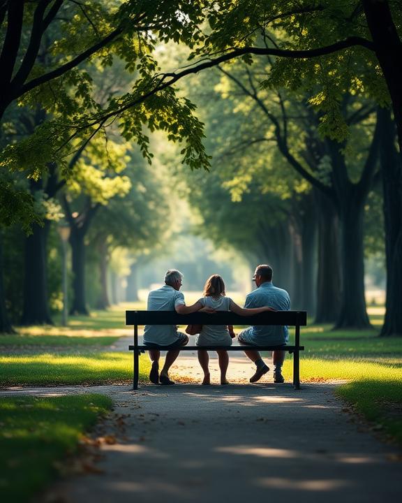A tranquil park scene representing grief and healing, showing a family seated on a bench in a supportive atmosphere surrounded by nature.