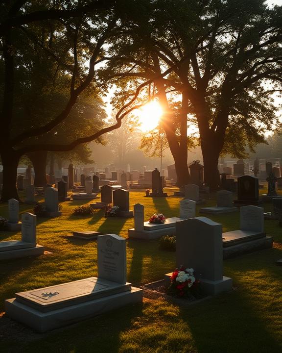 Immagine di un cimitero al tramonto, con il sole che crea una luce calda attraverso gli alberi e le lapidi.