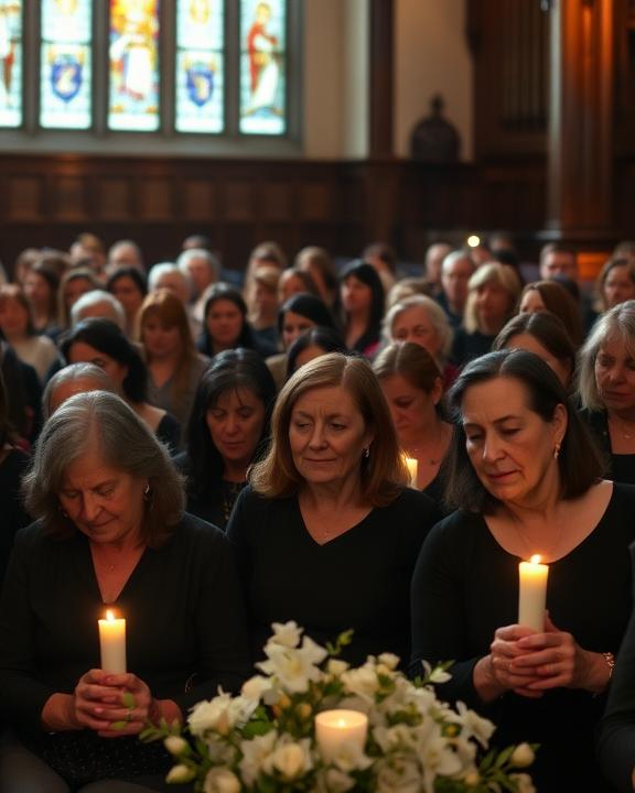 A peaceful scene in a church with grieving mothers gathered together, holding candles