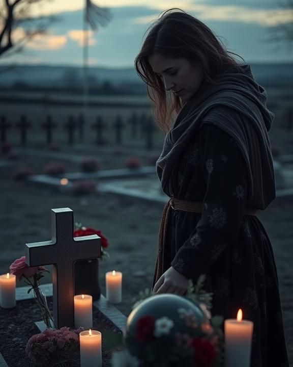 A mother standing at a grave, surrounded by flowers and candles, with a distant view of a battlefield