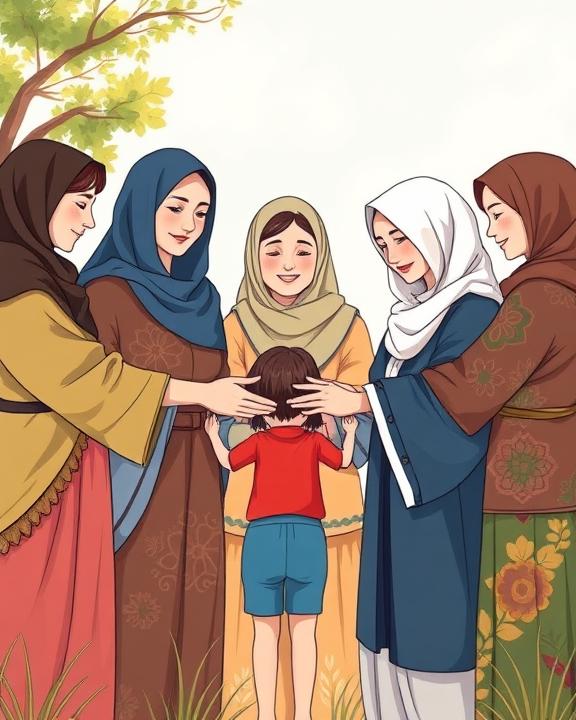 A diverse group of mothers from different cultures holding hands in a circle to symbolize solidarity and hope