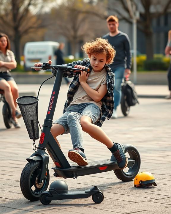 Un bambino con i capelli rossi che guida un monopattino elettrico, con un casco giallo a terra nelle vicinanze, in un contesto urbano con adulti sfocati sullo sfondo.