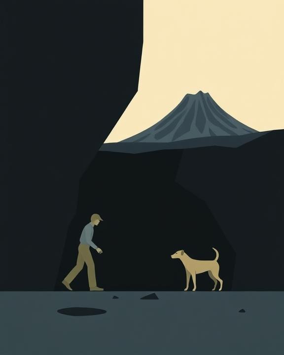 Abstract representation of a lava cave exploration, with geometric shapes and stylized figures illustrating the sense of risk and adventure in nature.