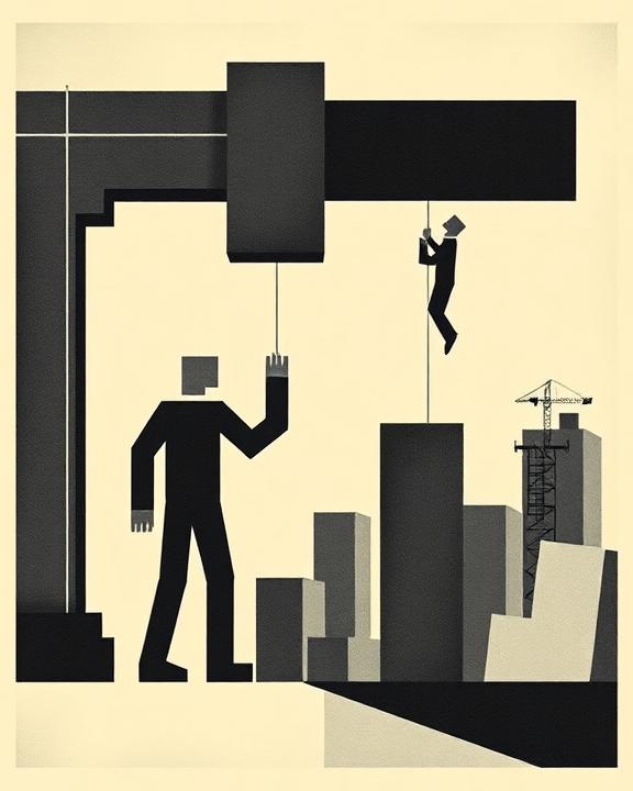 Immagine raffigurante uomini che sostengono strutture astratte, metafora delle sfide lavorative.