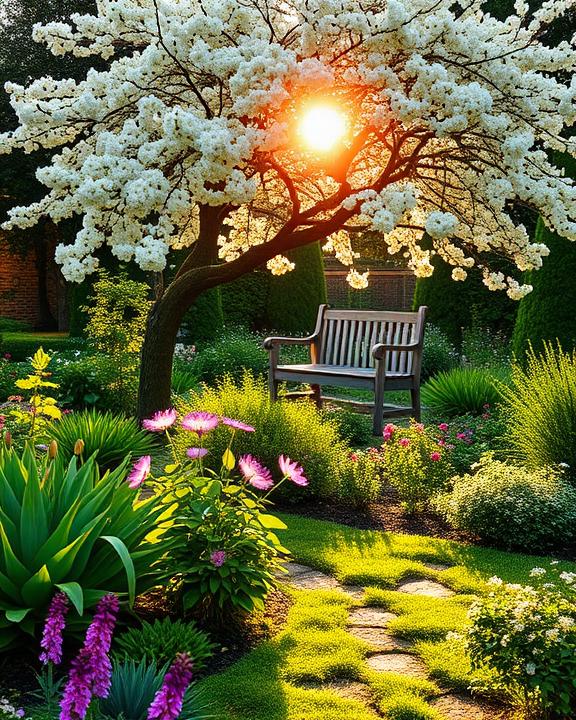 A peaceful garden with blooming flowers and trees, symbolizing growth and care for the mind.