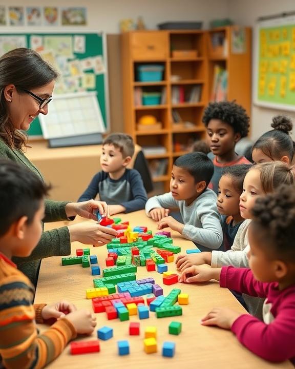 An adult teacher with glasses smiling at a group of diverse elementary school children, all focused on a table full of colorful building blocks. The children are engaged in manipulating the blocks, suggesting a hands-on learning activity.