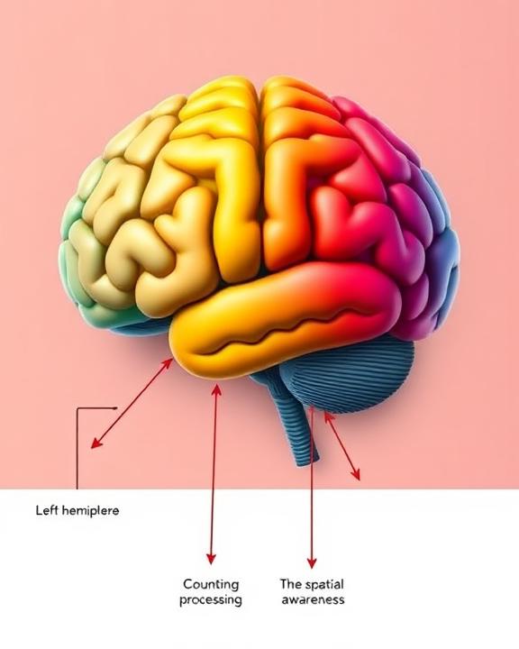 A colorful human brain with labels pointing to different areas and their functions in relation to numbers: 'Left hemisphere', 'Counting processing', and 'The spatial awareness'.