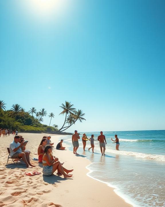 A serene summer scene depicting a tranquil beach with gentle waves lapping at the shore, under a bright blue sky. In the foreground, a group of people of diverse backgrounds are engaging in various leisure activities like reading, playing volleyball, and taking a walk along the coast. Lush greenery with palm trees is visible in the background, and the sun is shining brightly, reflecting off the water. The atmosphere is relaxed and joyful, illustrating a perfect vacation setting.
