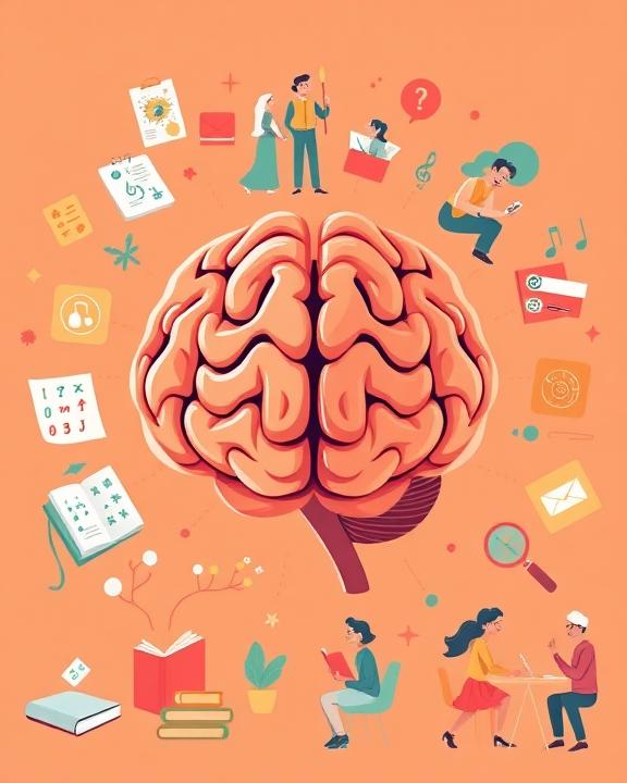 An illustrative representation of cognitive activities that support brain health. The image shows a brain surrounded by various stimulating activities: puzzles, books, and creative hobbies like painting and playing music. In the background, there are icons of social interactions, like friends chatting and family gatherings. The color scheme is vibrant and energetic, with warm tones illustrating positivity and mental stimulation.