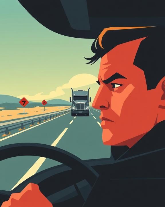 Man driving a car with a serious expression, focusing on the road ahead where a truck is visible. Road signs are also visible in the background.