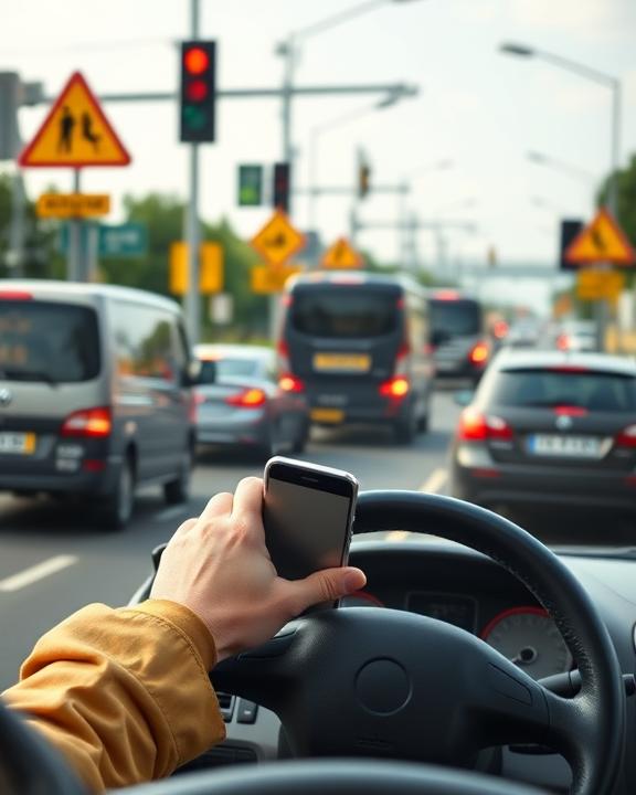 Close-up of a person's hands on a steering wheel, holding a smartphone while driving in traffic.