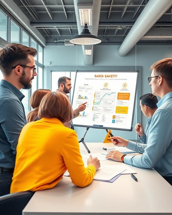A group of corporate professionals gathered around a table in a modern office, engaged in a discussion while looking at a presentation displayed on a large screen that shows charts and text related to 'SAFE SAFETY' and other business metrics.
