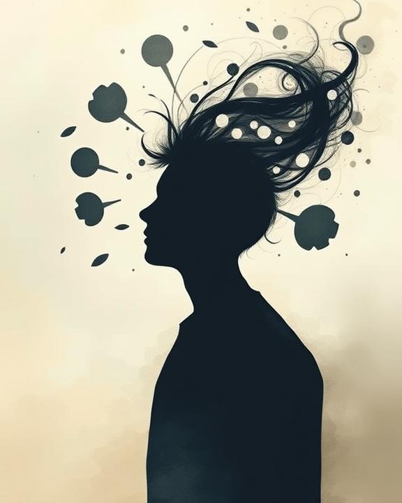 Silhouette di una persona con pensieri e stress che emergono dalla testa