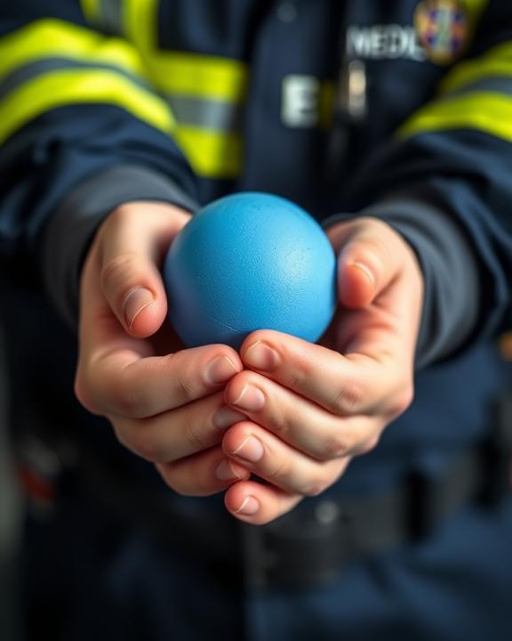 Mani che tengono una palla antistress blu