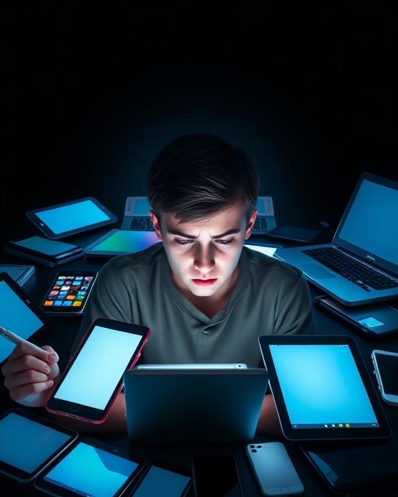 A young person surrounded by an excessive number of digital devices, showing signs of stress or absorption.