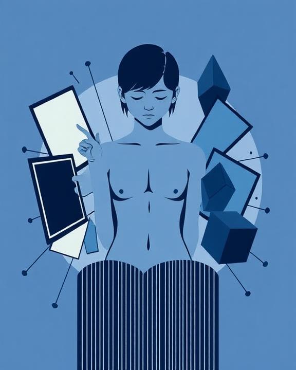 Immagine di un adolescente immerso in un ambiente digitale, con dispositivi e stimoli visivi che lo circondano in modo opprimente, simboleggiando l'influenza dei social media e dei dispositivi digitali sulla salute mentale giovanile. Il suo volto mostra un'espressione di disagio o chiusura, suggerendo un tema di auto-lesionismo digitale.