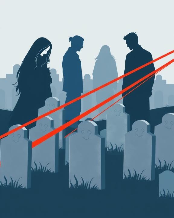 Immagine raffigurante figure umane stilizzate in un cimitero, con le persone in primo piano che proiettano fasci di luce rossi sulle tombe.