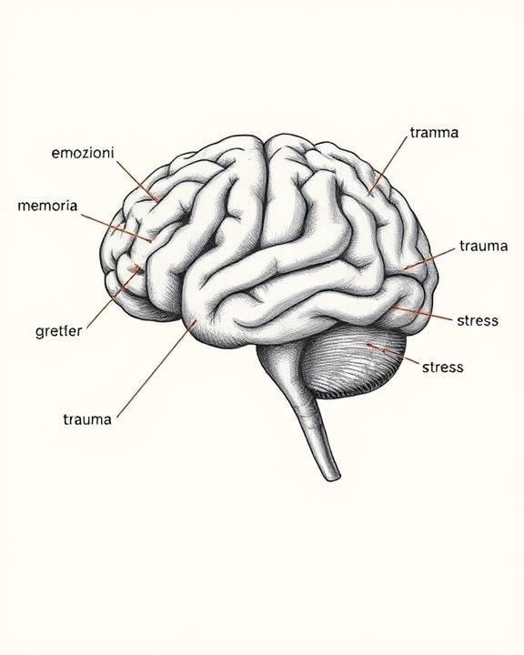 Una rappresentazione artistica di un cervello umano con aree evidenziate in relazione a emozioni e traumi.