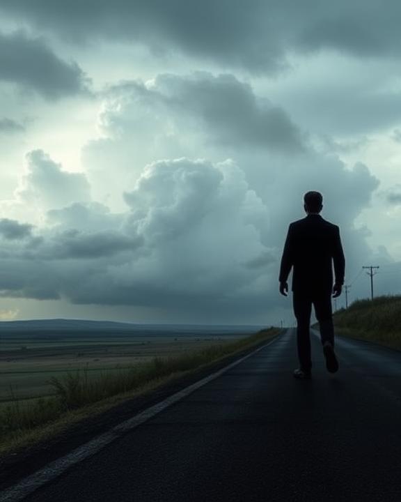 Visual representation of PTSD symptoms featuring a shadowy figure at the edge of a road.