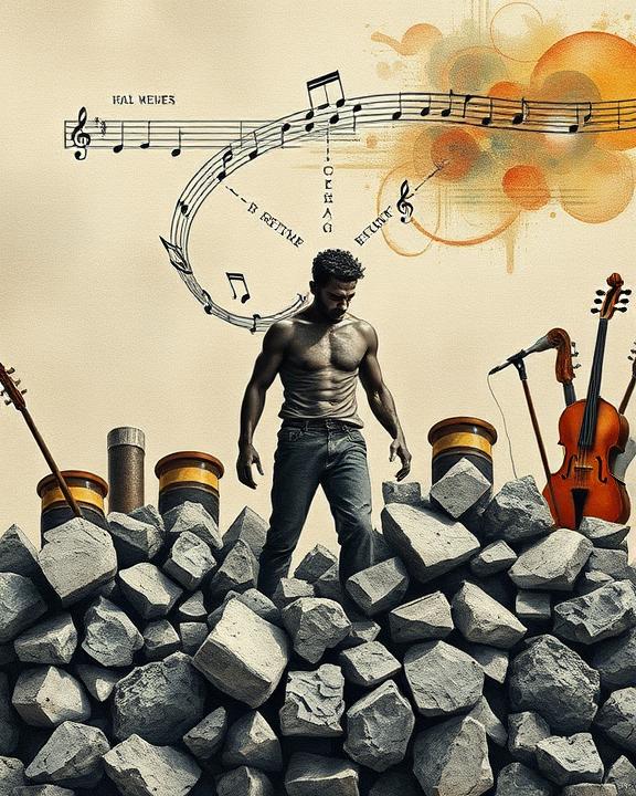 Symbolic representation of resilience and creativity. A figure represents a man emerging from rubble, symbolizing overcoming trauma.