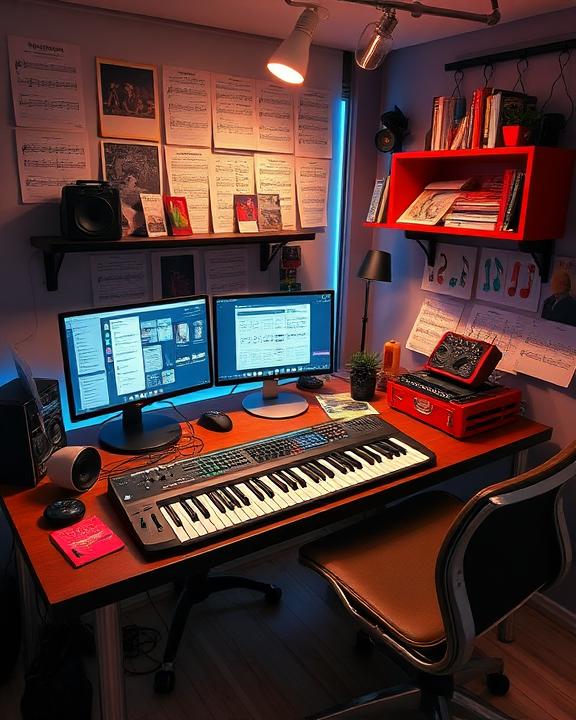 Artistic interpretation of a modern, trendy workspace filled with music elements like a MIDI keyboard, showcasing creativity and inspiration.
