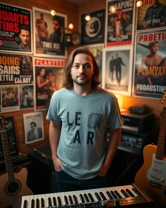 A man in his thirties with medium-length hair, standing in a cozy room surrounded by musical instruments, with a keyboard in front of him.