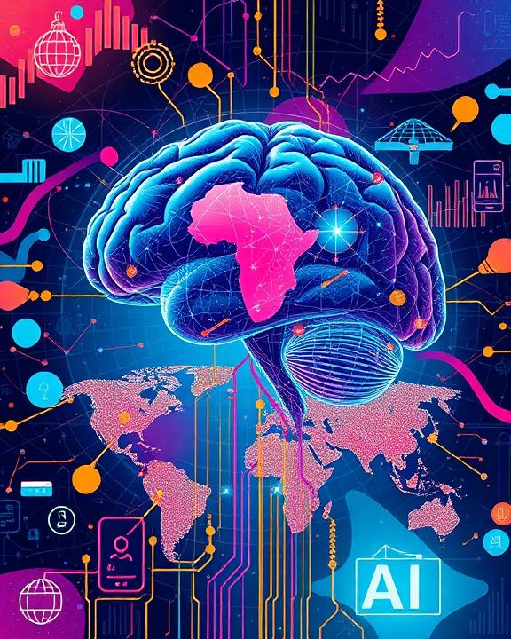 A vibrant and interconnected illustration of neuroscience, global health, and artificial intelligence.