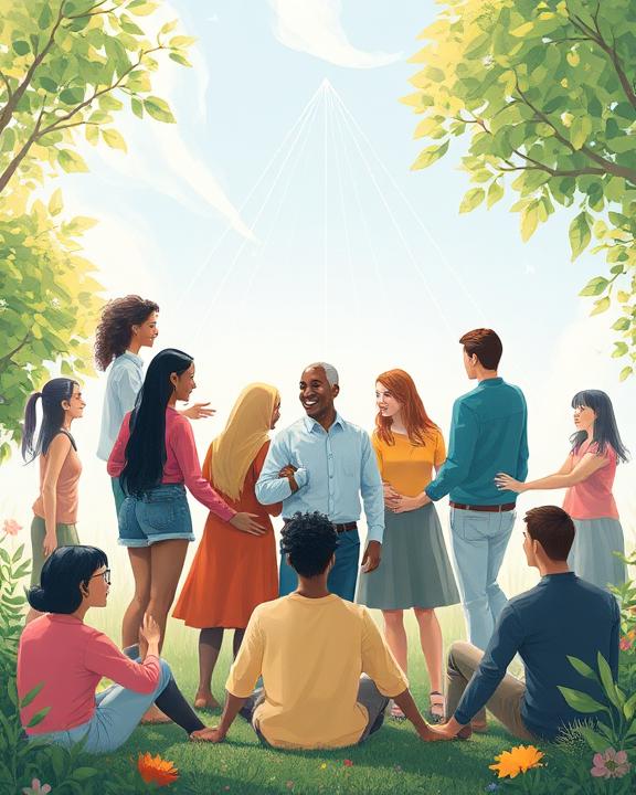 A conceptual artwork illustrating mental health resilience with diverse individuals supporting each other.