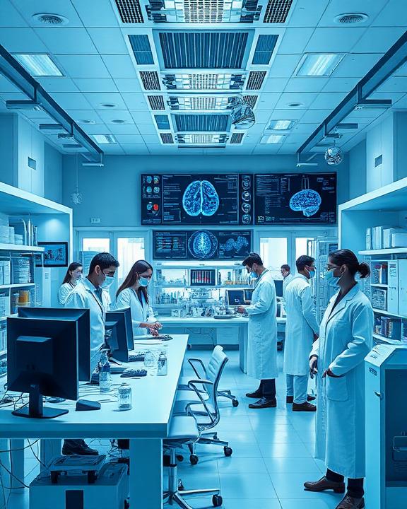 An artistic representation of a modern medical research facility with scientists collaborating.