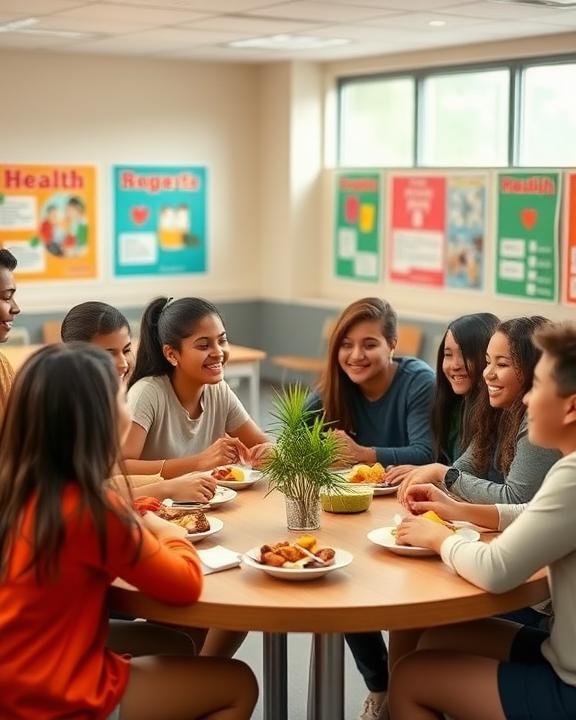 A serene and supportive school environment scene showing diverse students sitting together at a lunch table, engaging in conversation and sharing healthy foods. The atmosphere is friendly and warm, with soft natural lighting.